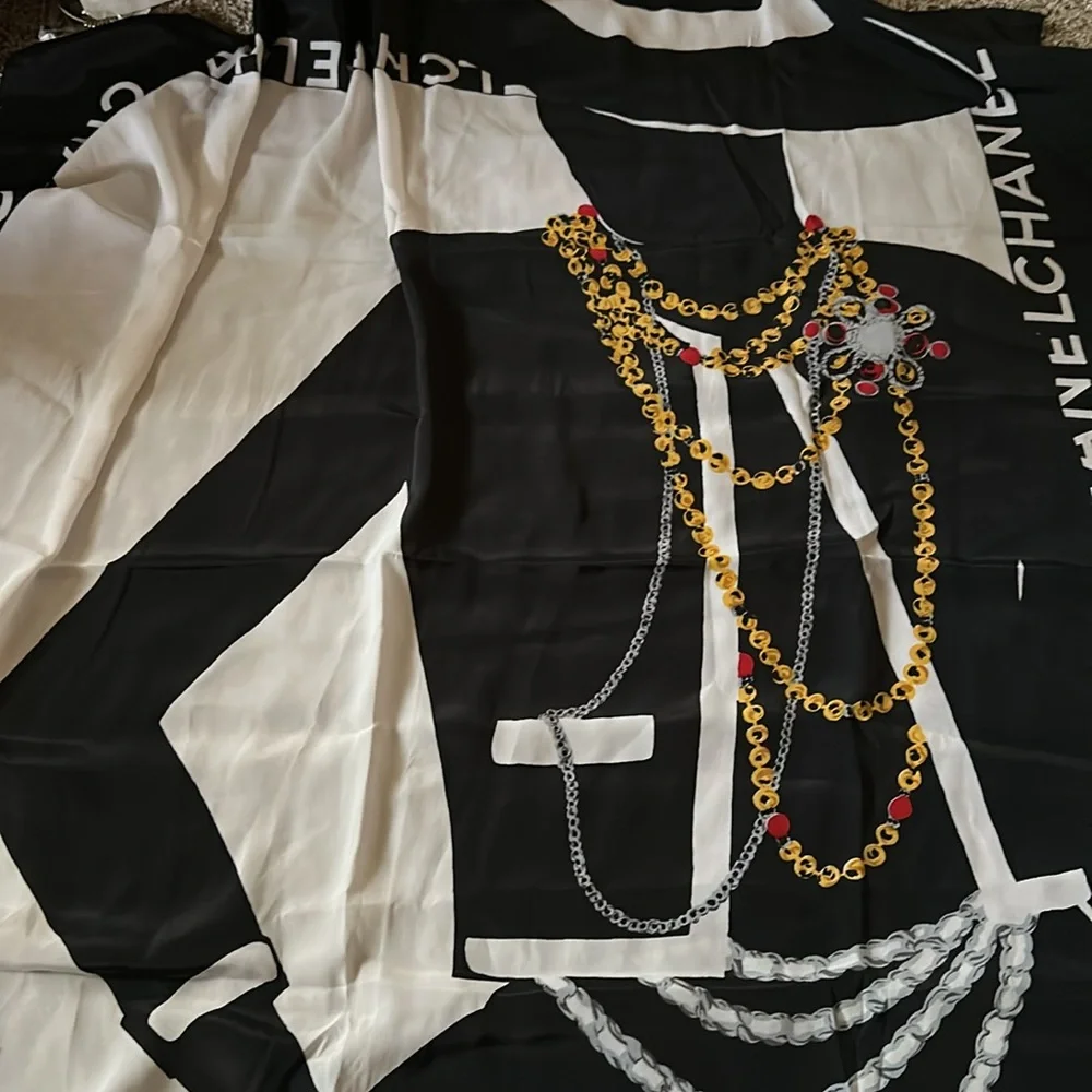 CHANEL Black White & Gold Chain Motif Silk Scarf